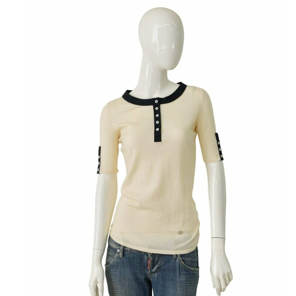 Gucci Cream & Black Trim Buttons Cashmere Top Short sleeve Knit Blouse size M